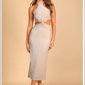 Glitter and Glam Sparkly Cream Cutout Halter Midi Dress